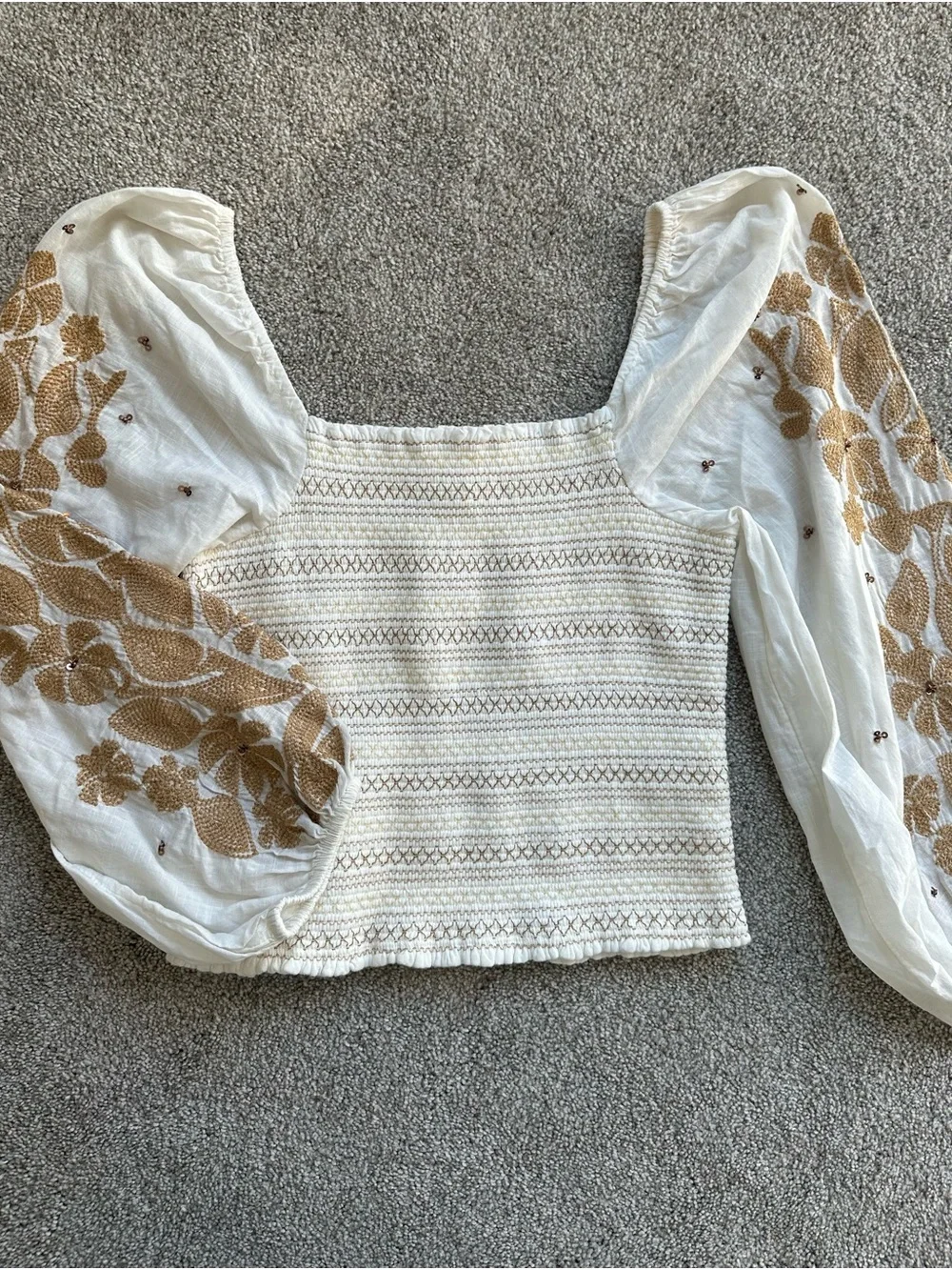 Anthropologie White Crop Top with Gold Floral Embroidery